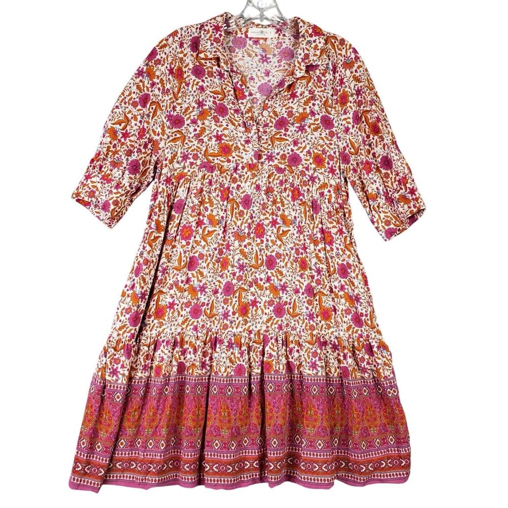 Natural Life Becca Short Dress Red Pink Floral Border Women’s Size Large L - Picture 4 of 12